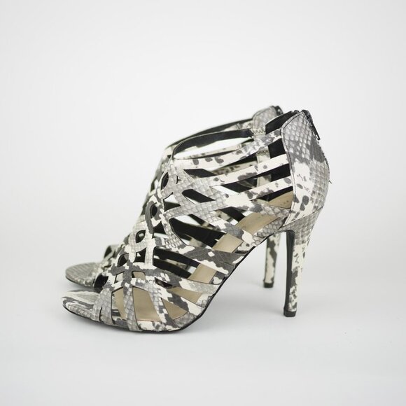 MADDEN GIRL Women's 7.5 Gray & beige snake print high heel sandals shoes DALISSA - Picture 2 of 11